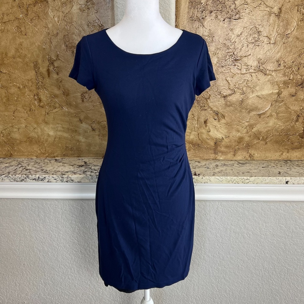Lafayette 148 New York Mini Sheath Dress Womens 4 Cap‎ Sleeve Side Ruched Blue